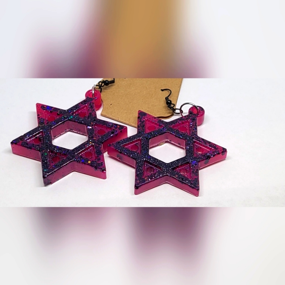 Star of David Hot Pink Glitter Earrings